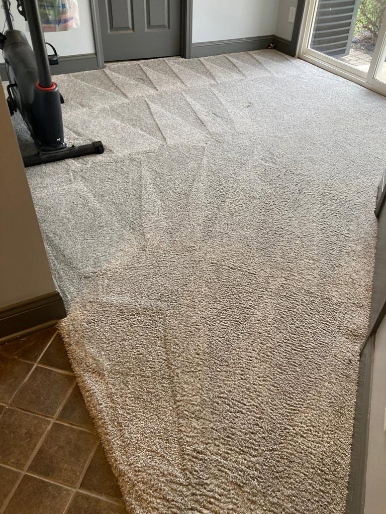 A freshly cleaned light-colored carpet in a room, showing distinct cleaning patterns by Master Green Cleaning in Overland Park, KS.