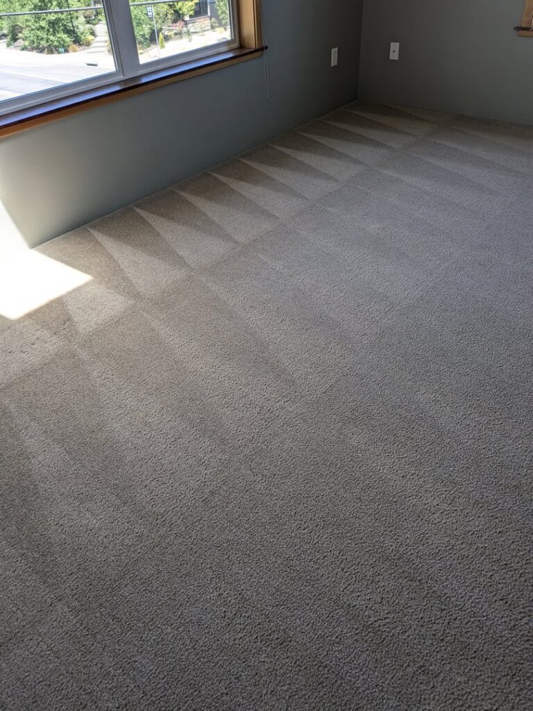 A freshly cleaned carpet with visible vacuum lines in a room by Unleashed Carpet Cleaning in Medford, OR