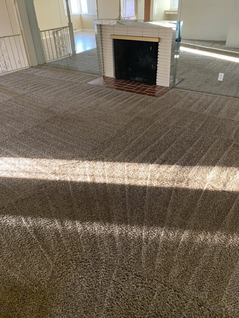 A room with freshly cleaned carpet showing distinct vacuum lines, a job completed by Dirt Busters, Inc. in Anaheim, CA.