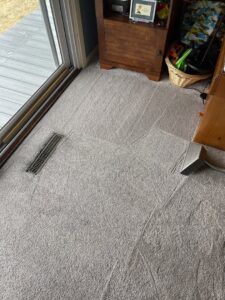 A freshly cleaned carpet showing distinct cleaning lines, indicating professional service by J&P United in Rochester, NY.