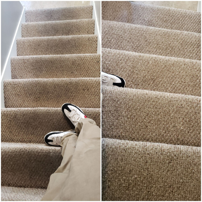 Close-up of freshly cleaned carpeted stairs by AD's Carpet Cleaning Service in Rochester, NY.