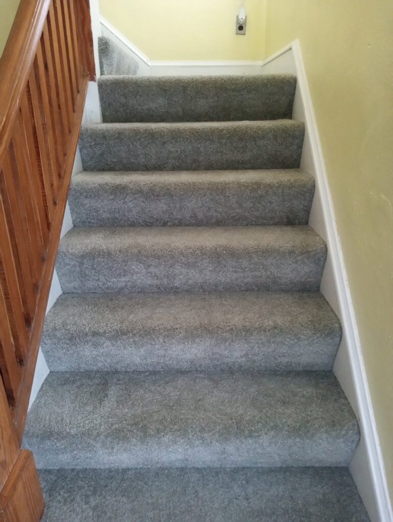 A freshly cleaned carpeted staircase, showing excellent results from Fiber Dry Carpet & Upholstery Cleaning in Dayton, OH.