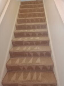 A freshly cleaned carpeted staircase with visible cleaning lines by Proper Carpet Cleaning in Aurora, IL.