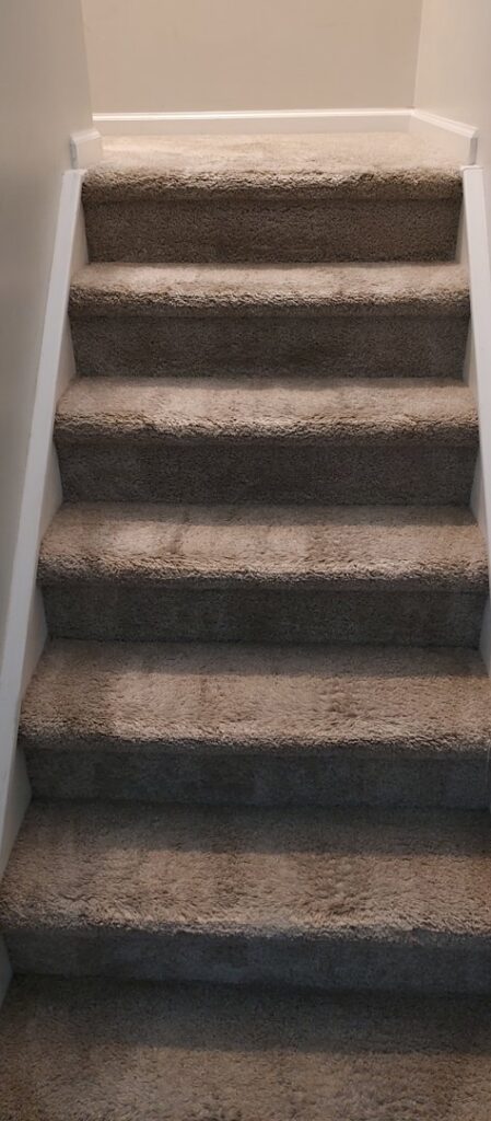Freshly cleaned carpeted stairs, showing a professional finish by TCK Carpet Cleaning in Indianapolis, IN.