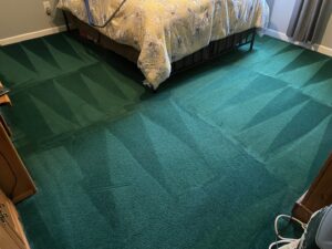 A freshly cleaned green carpet in a bedroom, showing distinct cleaning lines from JDog Carpet Cleaning & Floor Care Alpharetta in Roswell, GA.
