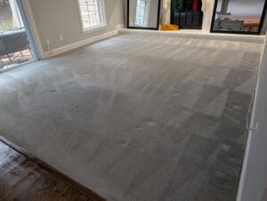 A large living room with freshly cleaned light grey carpet, showing cleaning patterns, by Hippo Cleaning Services in Rockville, MD.