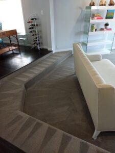 A freshly cleaned living room carpet with visible cleaning patterns by Carpet Masters of Albuquerque, NM.