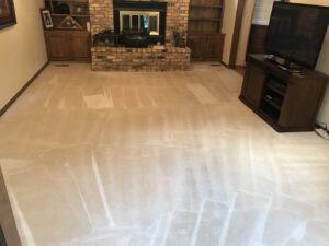 A freshly cleaned carpet in a living room, showcasing the quality work of Elementscarpetcleaning.net in Omaha, NE.