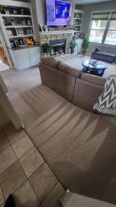 A freshly cleaned living room carpet with distinct cleaning lines by Hartford's Carpet Cleaning in Toledo, OH