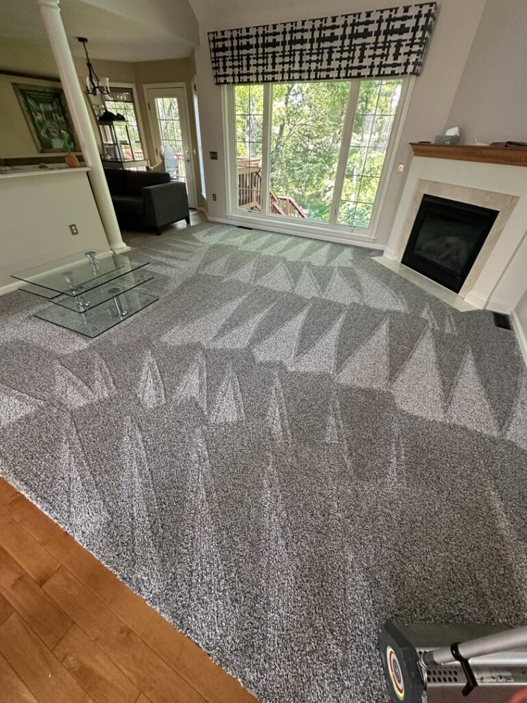 A freshly cleaned living room carpet showing distinct cleaning lines by LHB Clean Team in Harrisburg, PA.