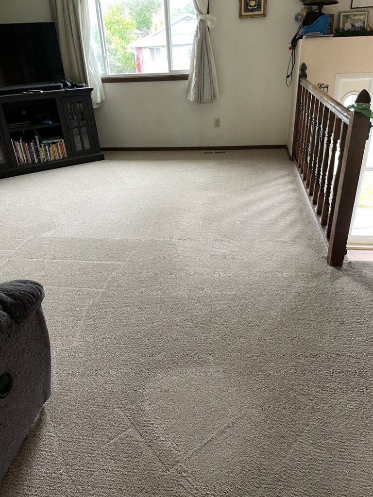 A freshly cleaned, light-colored living room carpet by Master Clean Carpet Care in Casper, WY