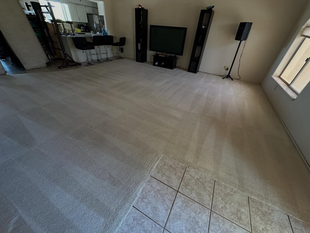 A freshly cleaned light-colored carpet in a living room by Sun Valley Home Maintenance LLC in Chandler, AZ.