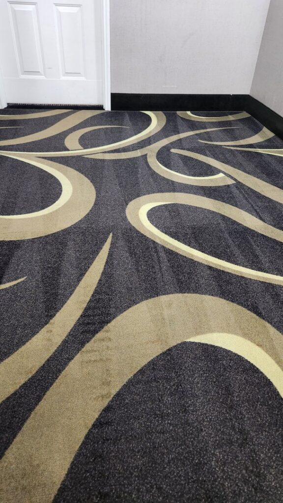 Freshly cleaned patterned carpet in a hallway, showcasing the work of InnaCircle in Greensboro, NC.