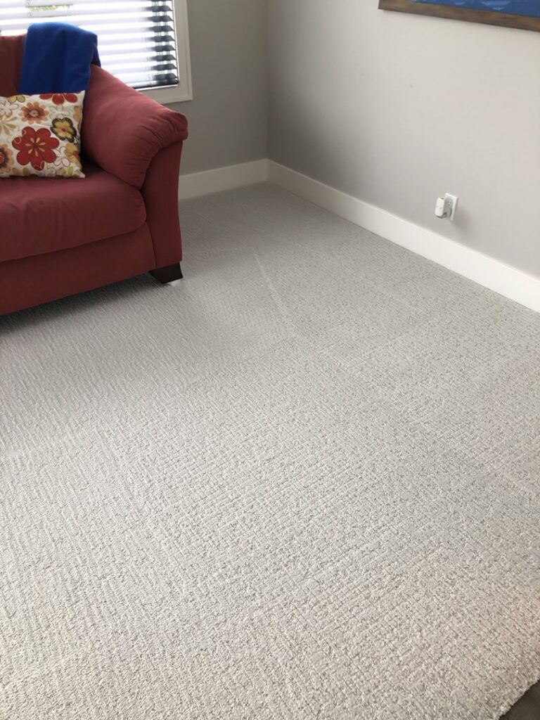A freshly cleaned light-colored residential carpet in a living room by KODA Carpet Cleaning in Holland, MI.