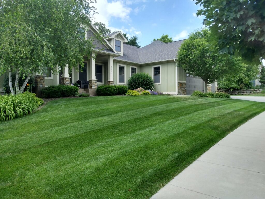 A freshly cut and well-maintained residential lawn with crisp stripes by Three Boys Lawncare in Rochester, MN.