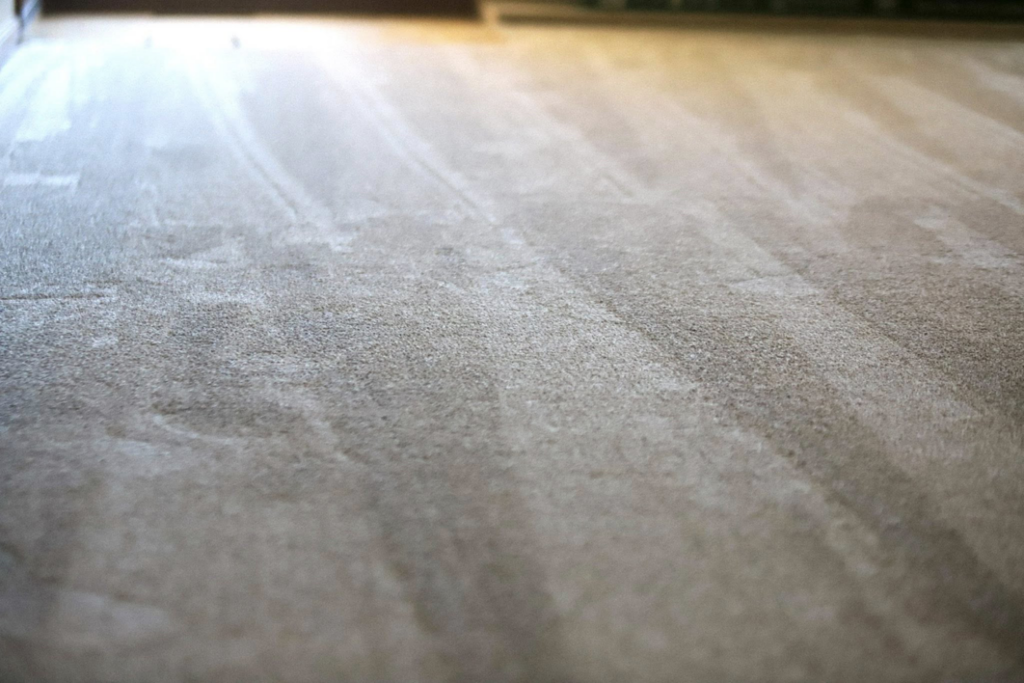 Freshly installed carpet with visible vacuum lines, showcasing quality work by Murray's Flooring in Topeka, KS.