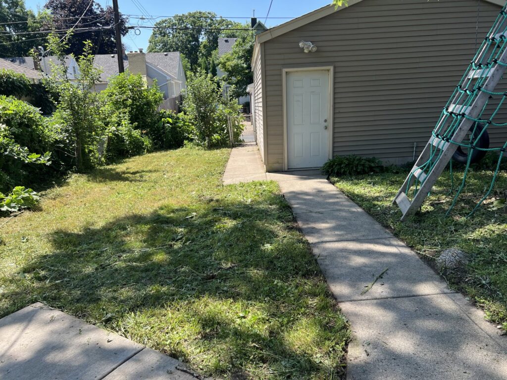 A freshly mowed backyard with grass clippings on the ground, showcasing lawn care by Grounded Earth in Minneapolis, MN.