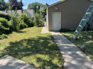 A freshly mowed backyard with grass clippings on the ground, showcasing lawn care by Grounded Earth in Minneapolis, MN.