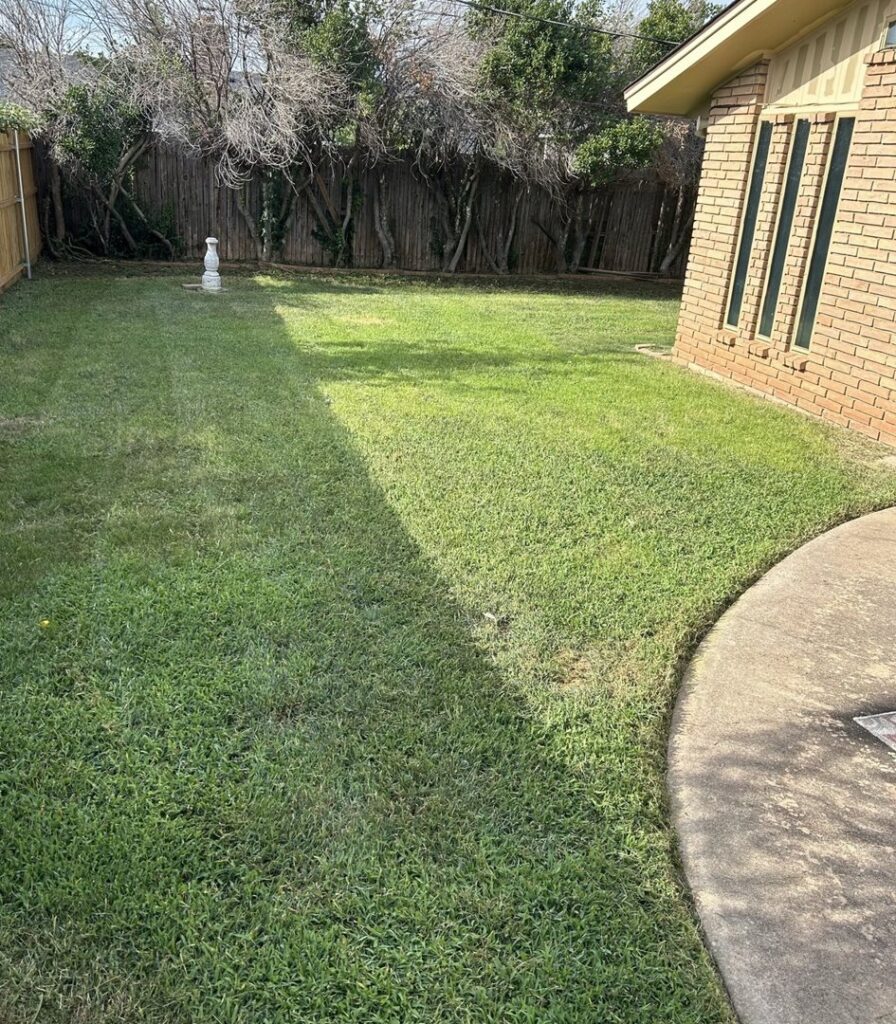 A backyard with a freshly mowed lawn, showing neat stripes from professional lawn care by Lawns Plus More LLC in Edmond, OK.