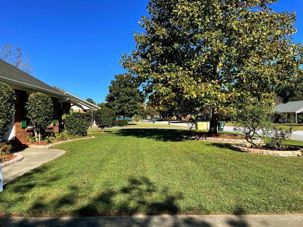 A freshly mowed lawn with distinct stripes and neatly trimmed bushes by Kirby's Lawn Care Service in Franklinton, LA.