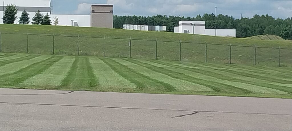 A freshly mowed lawn with distinct stripes, showcasing professional lawn care by Bullseye Lawn Care and Tree Service LLC in Sioux Falls, SD.