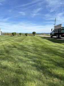 A beautifully freshly mowed lawn with distinct stripes by Chaves Lawn Care in New Bedford, MA