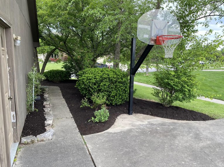 Freshly mulched garden bed and trimmed shrubs by Sonner And Sons Lawncare in Fort Wayne, IN.