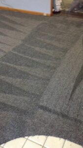 A close-up view of a freshly vacuumed grey carpet with distinct lines, showcasing quality work by DLS Flooring in Akron, OH.