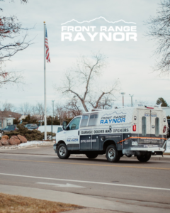 A Front Range Raynor Garage Door & Service van driving in Fort Collins, CO, ready for a garage door job.