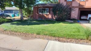 A front yard with a sprinkler system actively watering the lawn, maintained by Aaron's Lawn Service in Pittsburg, KS.