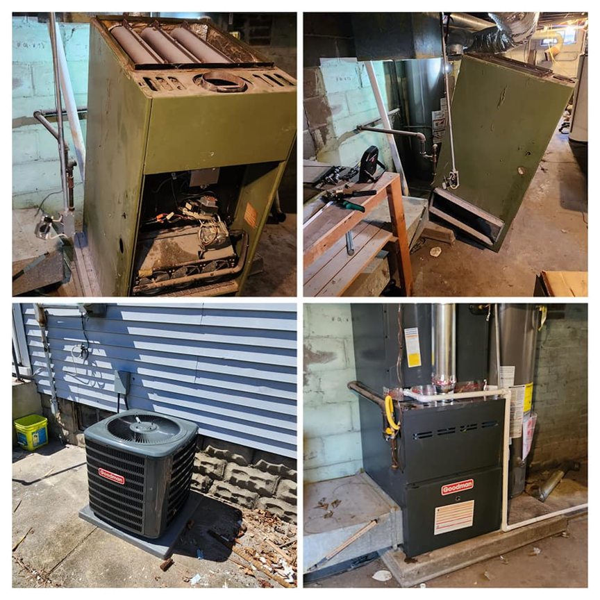 A collage showing the replacement of an old HVAC system with new Goodman indoor and outdoor units by HOP 2 IT LLC in Austin, TX.
