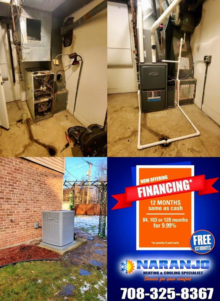 Before and after photos of a furnace replacement and an outdoor AC unit installation by Naranjo Heating & Cooling Specialist Inc. in Joliet, IL.
