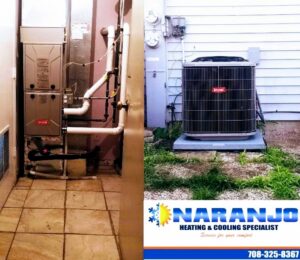 An indoor furnace and an outdoor AC unit installed by Naranjo Heating & Cooling Specialist Inc. in Joliet, IL.