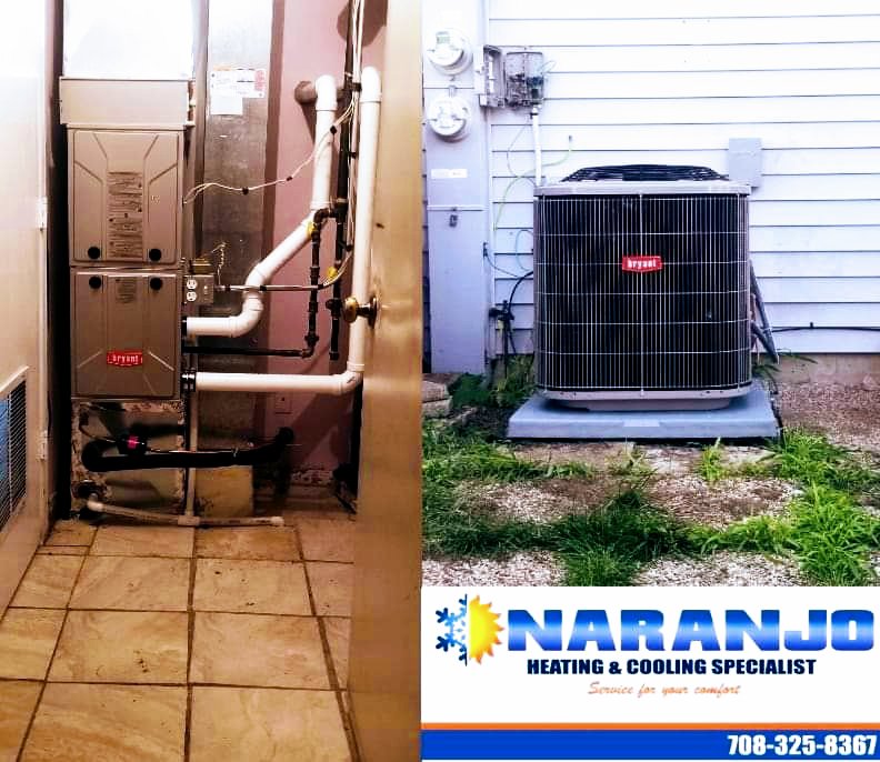 An indoor furnace and an outdoor AC unit installed by Naranjo Heating & Cooling Specialist Inc. in Joliet, IL.