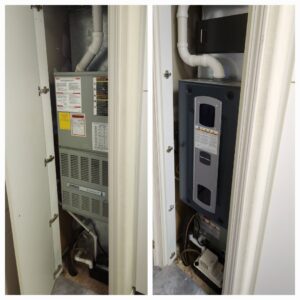 Before and after of an old furnace and air handler replaced by Theisen Heating, Air Conditioning & Furnace Cleaning in Yakima, WA.