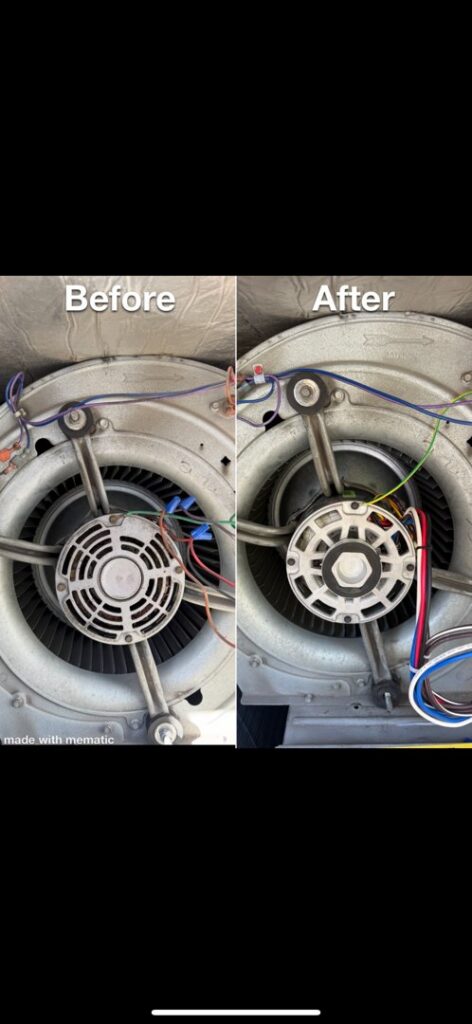 Before and after photos of a furnace blower motor cleaning by LeoAir, LLC in West Jordan, UT