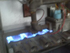 A close-up view of a furnace burner with blue flames, indicating proper operation, by Geddes Heating and Cooling in Aurora, CO.