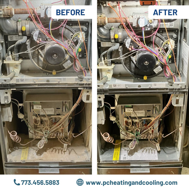 Before and after view of a furnace interior after cleaning by Preferred Comfort Heating and Cooling inc in Chicago, IL