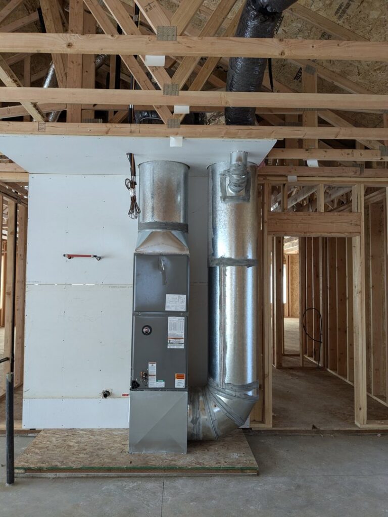 A furnace and ductwork installation in a new construction home by Kingdom Heating and Air in Sacramento, CA.