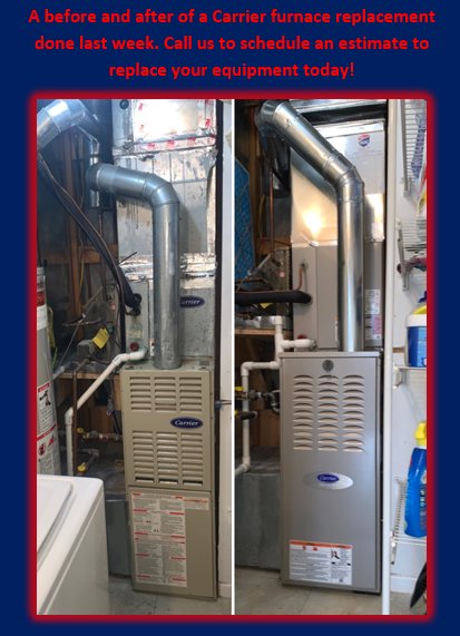 Before and after photos of a Carrier furnace replacement completed by 495 HVAC in Annandale, VA.
