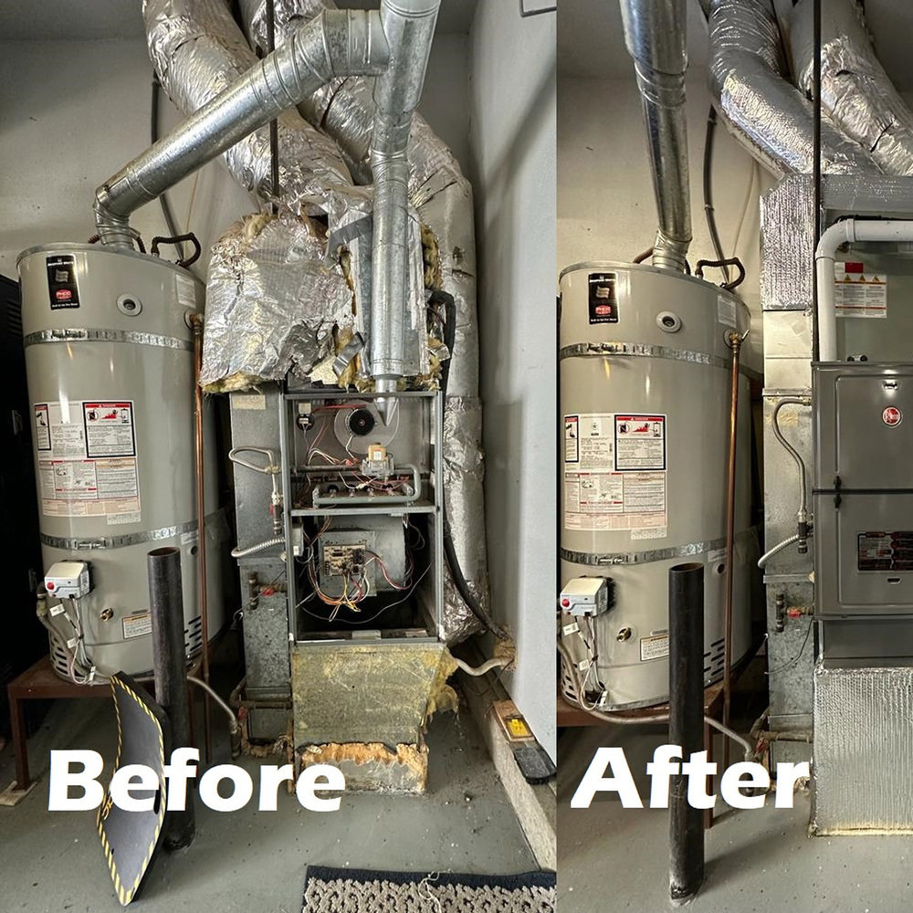 Before and after photos of a furnace replacement by Conrad Heating and Cooling in Beaverton, OR.