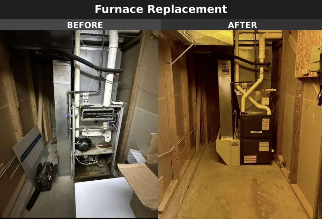 Before and after view of a furnace replacement service by Equality State Heating & Cooling in Casper, WY.