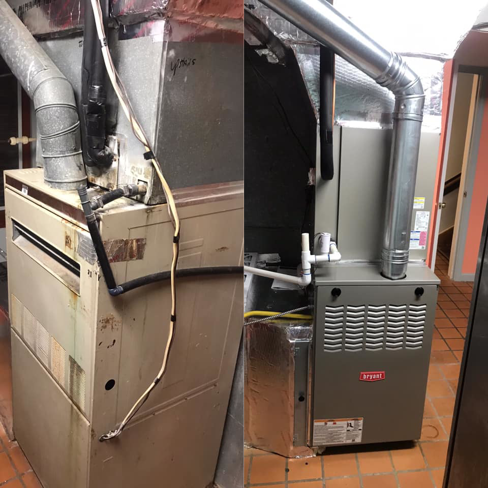 Before and after comparison of an indoor furnace replacement by Frye Air Services in Mobile, AL