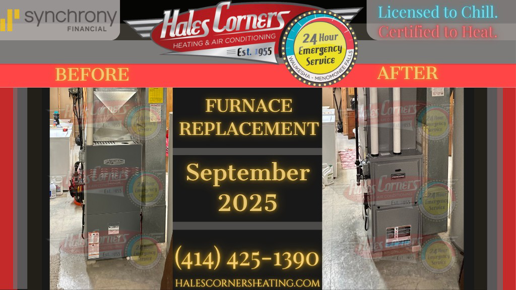 Before and after photos of a furnace replacement by Hales Corners Heating & Air Conditioning in Hales Corners, WI.