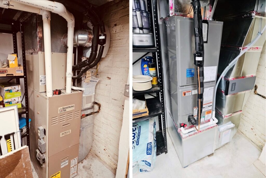 Before and after of a furnace replacement by Ideal Heating & Air Conditioning in Omaha, NE.