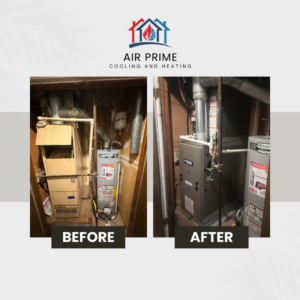 Before and after of a new furnace and water heater installation by Air Prime OKC in Oklahoma City, OK