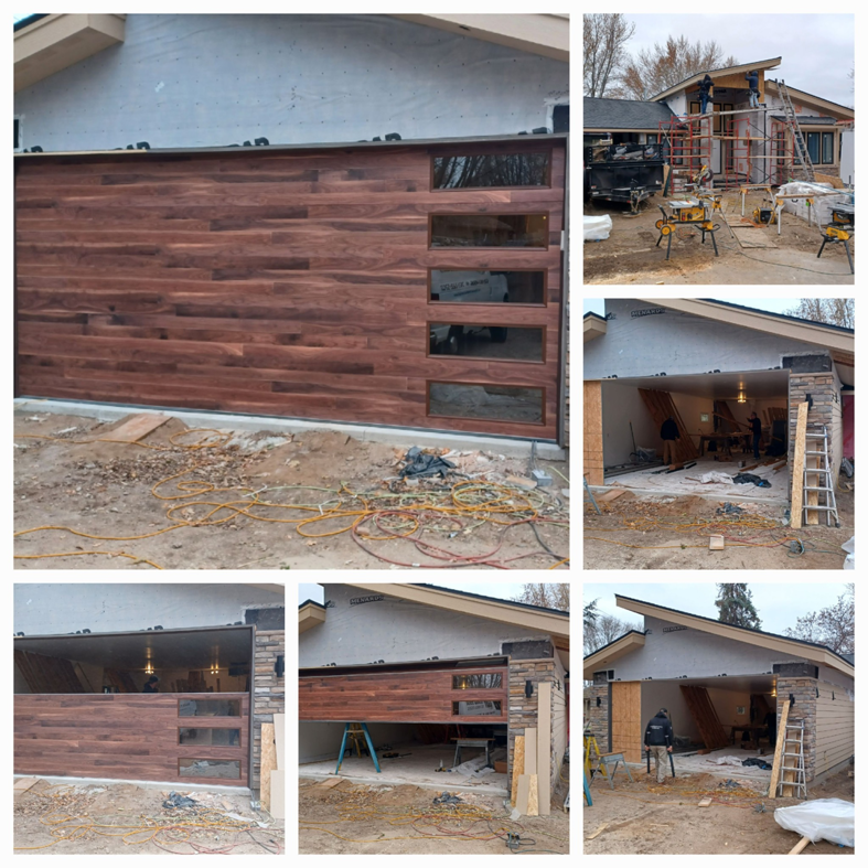 A collage showing the installation process of a modern wood-paneled garage door by Garage Door Technologies in Minneapolis, MN