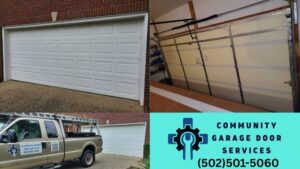 A collage showing a new garage door installation, an interior view of a garage door repair, and the company truck of Community Garage Door Services in Louisville, KY.