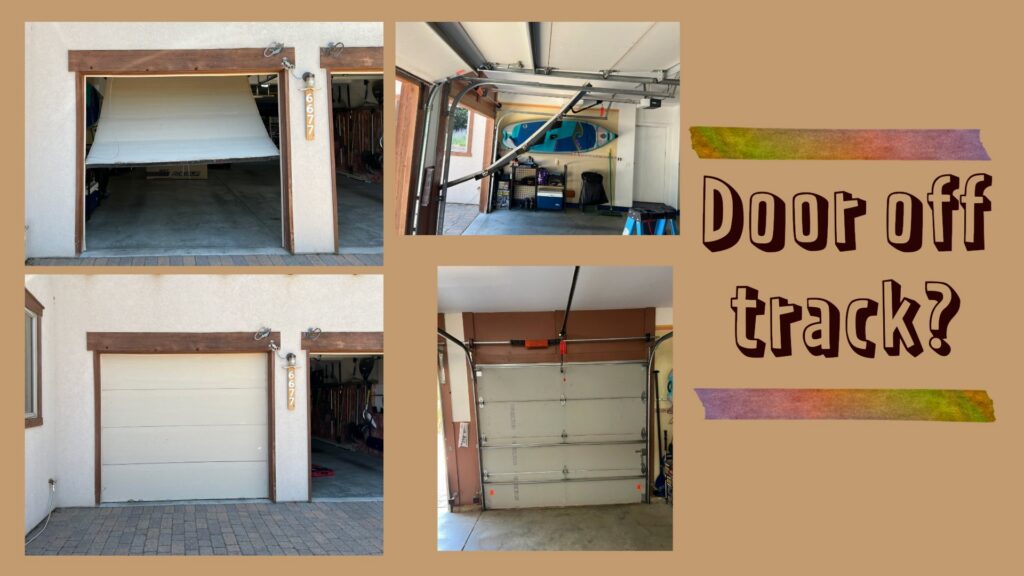 A garage door that is off track, indicating a repair job by Advanced Door Works in Highlands Ranch, CO