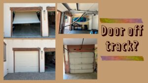 A garage door that is off track, indicating a repair job by Advanced Door Works in Highlands Ranch, CO